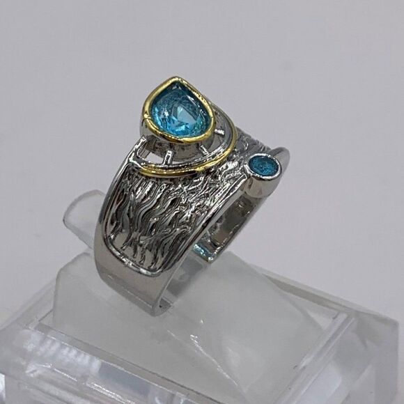 NWOT, large cigar band, 925 sterling silver, textural, gold accent, aqua… - Picture 5 of 17
